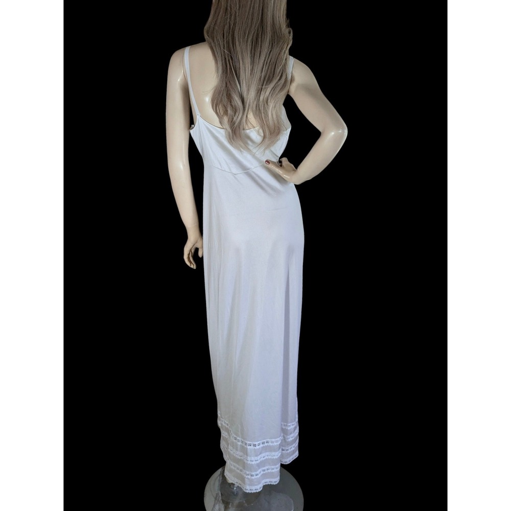 Vintage 80s Long White Nylon Slip Dress Size Med | Bridal Lace Trim Maxi Slip - Picture 7 of 8